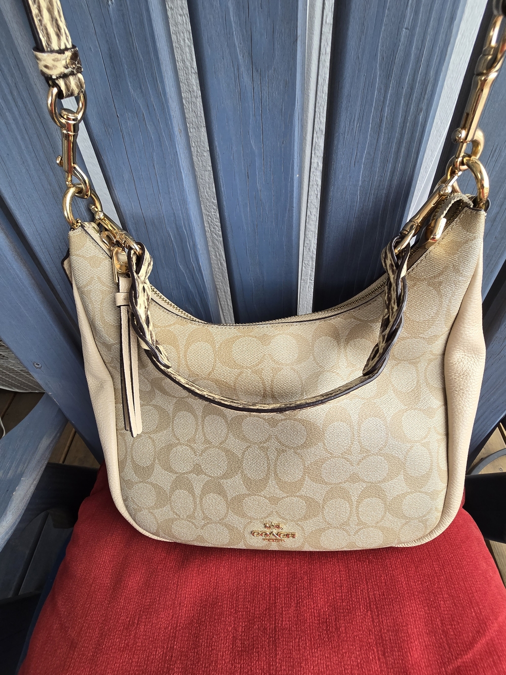 Coach Beige/Cream Signature Canvas Snake Print Shoulder Strap & Braided Shoulder